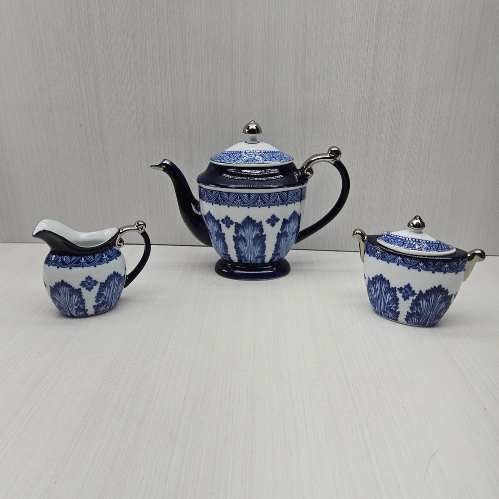 Bombay Blue White Porcelain Tea Set Teapot Sugar Creamer Silver Trim 3 Piece